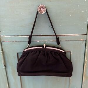 Vintage Black Fabric Clutch with Rhinestone Trim by L & M Spotlight Exclusive